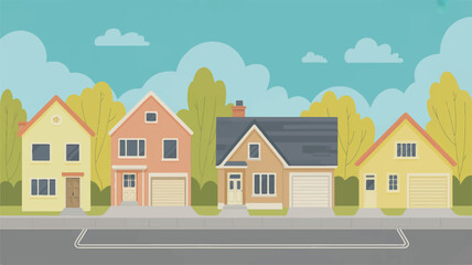 Fototapeta premium colorful houses on a suburban street with trees and blue sky