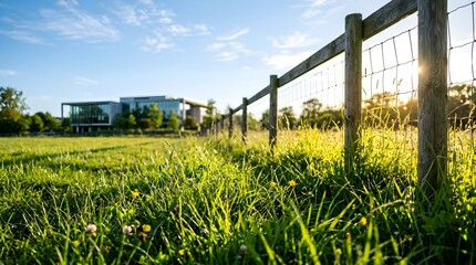 Fototapeta premium Sunlit Grass Field with Wooden Fence and Modern House in Rural Landscape, Outdoor Nature Viewpoint