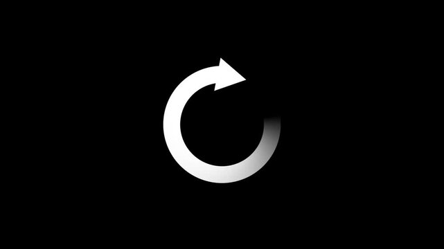 White circular arrow loading indicator spinning animation on black background seamless loop motion graphic