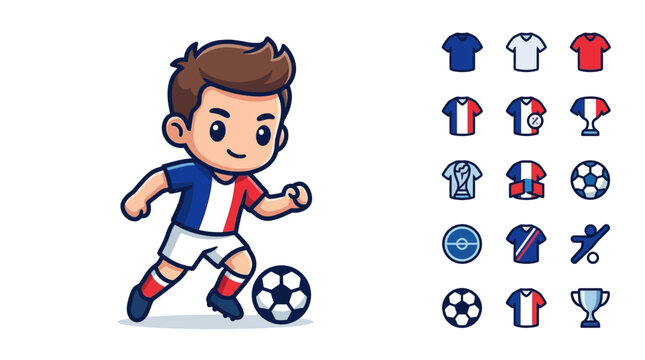 Chibi male soccer player in a French blue, white, and red kit dribbling a football on a white background with a set of 15 sports icons including jerseys, balls, and trophy cup.