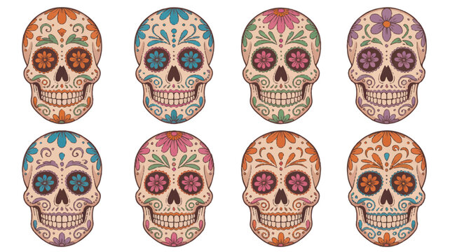 colorful sugar skulls with floral patterns on white background