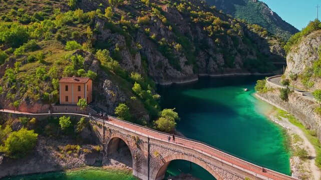 Aerial view of Lago di San Domenico and Eremo in Abruzzo, Italy
