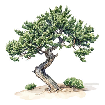 Hand-drawn watercolor artwork of Juniper Tree, vector, isolated on a white background.