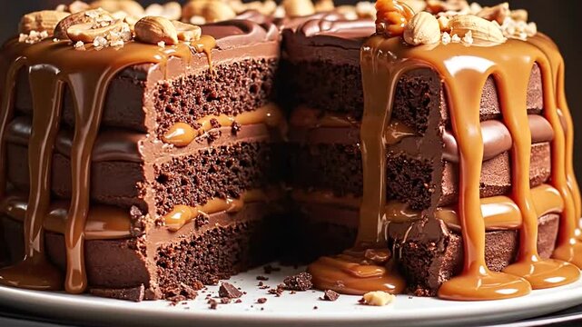 Decadent multi-layered chocolate cake featuring luscious caramel drizzle and chopped nuts, with a slice revealing rich texture and delicious filling, perfect for celebrations and sweet cravings