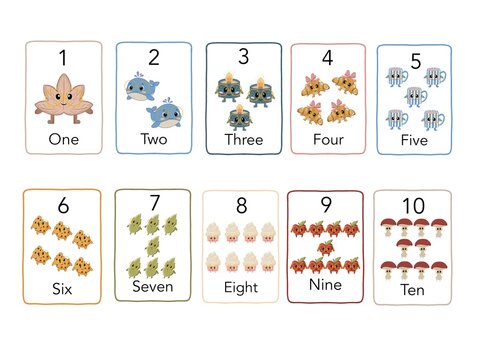 Cute counting flashcards for kids from 1 to 10. Educational numbers cards with funny characters for toddlers. Printable math worksheet for kindergarten and preschool learning.