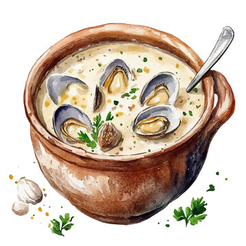 Clam Chowder, artistic watercolor illustration vector, isolated on a white background.