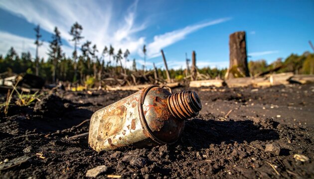 An old rusted metal canteen lies dented and abandoned in dark damp soil amidst a barren landscape of tree stumps and clearcut forest under a bright blue sky, representing historical loss.