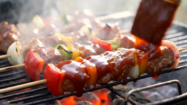 Delicious BBQ skewers with vegetables and meat being basted with sauce during a summer cookout