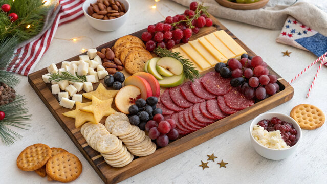 Charcuterie board patriotic snack 4th july cheese cracker grape fruit salami picnic table festive red white blue party food spread for holiday