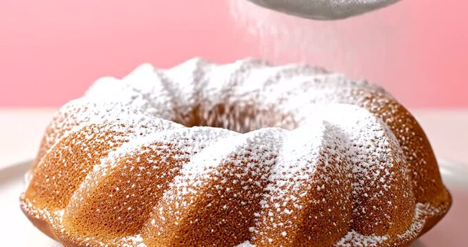 Classic golden fluted cake being elegantly sprinkled with a delicate cloud of powdered sugar, creating a beautiful presentation ideal for any sweet occasion or festive dessert