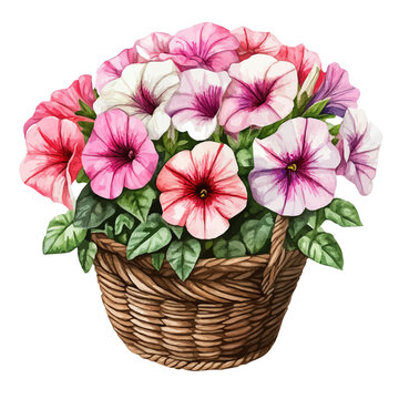 High-resolution watercolor painting vector of Petunia Flower Basket, isolated on a white background.
