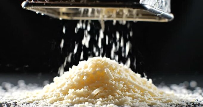 Close-up shot of freshly grated cheese showering down from a metal grater, creating a delicious pile of dairy goodness on a dark surface, highlighting the culinary process
