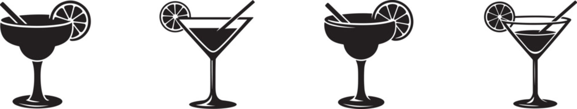 Margarita cocktail glass icon set in line and flat style for bar, drink, menu, and summer design use.