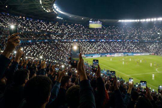 Spectators illuminate a football stadium with their mobile phone flashlights during a night match.