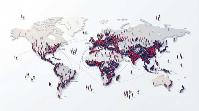World Population global demographic density awareness concept with connected humanity map for social research banner