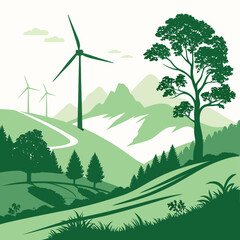 Obraz premium green landscape with wind turbines and mountains vector illustration
