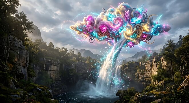 Fantasy landscape with a magical glowing tree of crystals and clouds rising from a waterfall