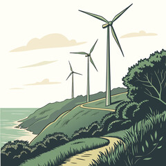 wind turbines on a hilltop overlooking the ocean vector illustration © www