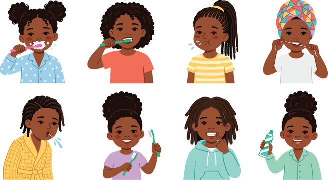 Cute black kids characters brushing teeth with toothpaste holding toothbrushes for dental care healthy clean smile and pediatric dentistry concept vector graphics