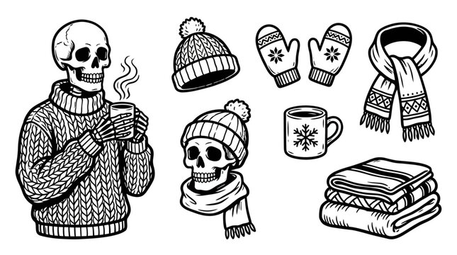 Skeleton wearing winter clothing and holding cup.