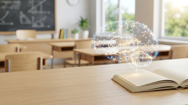 Envisioning the future of education with artificial intelligence, as a digital brain illuminates knowledge from an open book in a modern, empty classroom