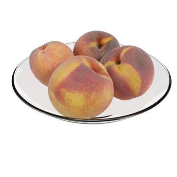 Peaches on lear glass plate isolated transparent background photo realistic 3d rendering PNG 16 bit with alpha channel
