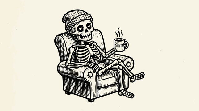Skeleton sitting on a chair relaxing.