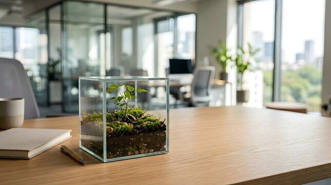 Desk terrarium with green plant in glass container on wooden table in modern office setting with natural light