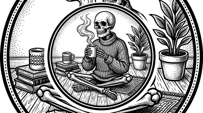 Smiling skeleton with a cigarette.