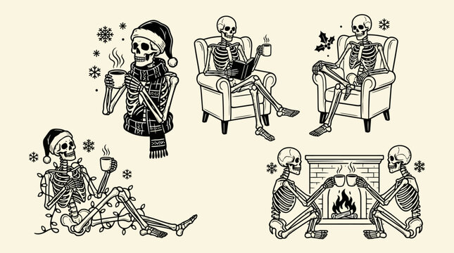 Skeletons in various relaxed poses drinking.