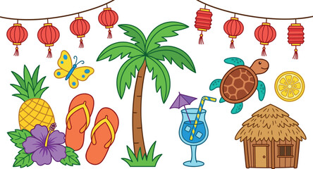 Tropical summer vacation vector collection with palm tree beach accessories island decorations exotic fruits and holiday elements © Danial
