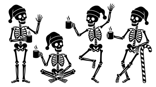 Skeletons wearing Santa hats holding cups.