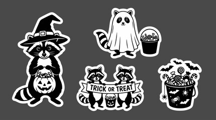 Black and white Halloween raccoons stickers. © MULUNG DOLLAR