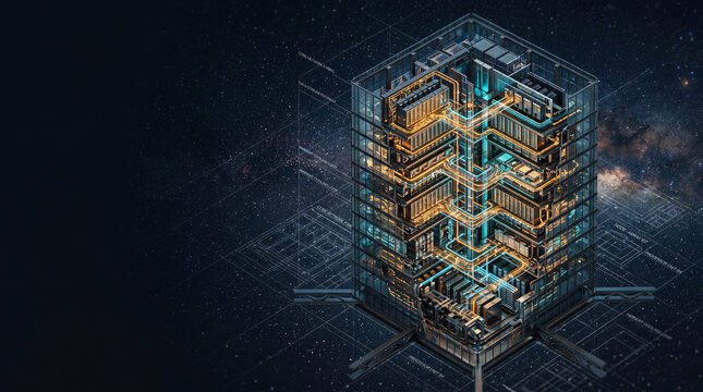 Isometric Cloud Server Tower with Glowing Amber Teal Circuit Pathways, Futuristic Data Infrastructure 3D Render, Dark Space Background with Blueprint Overlay