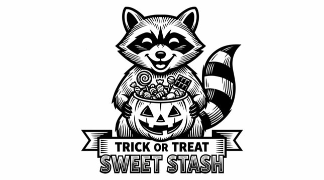 Raccoon with candy and pumpkin bucket.