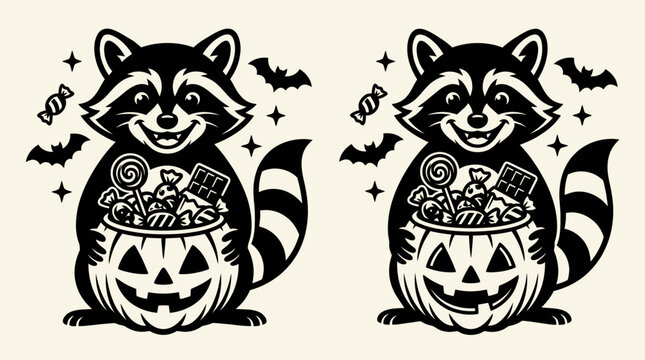 Raccoon in pumpkin bucket Halloween.