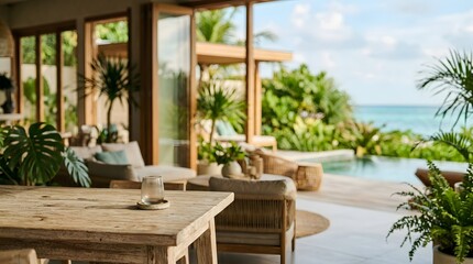 Obraz premium Tropical luxury villa with swimming pool and ocean view, showcasing modern interior design and lush greenery