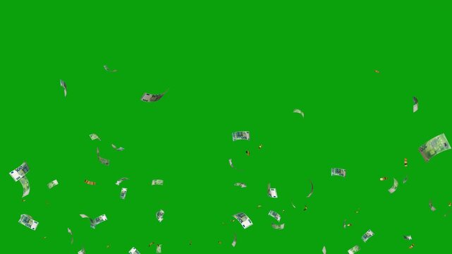 Money explosions green screen, Falling money. European money paper one hundred euros banknotes. 100 euros bills loop bills. Cash money. Concept of investment and saving, wealth, corruption, income