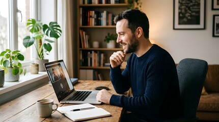 Obraz premium Man working from home on laptop with video call.