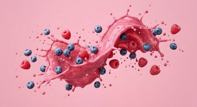 Dynamic splash of pink berry smoothie with floating fresh raspberries and blueberries