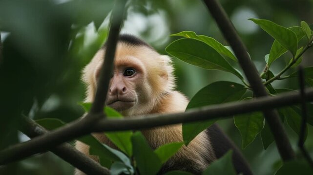 Whiteheaded capuchin monkey in tropical foliage