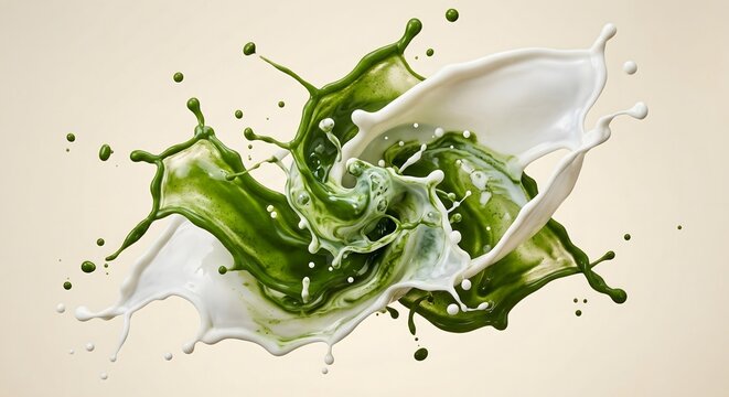 Vibrant green matcha tea swirling and colliding with creamy milk splash in mid air