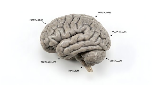 Anatomical Model of Human Brain with Labels of Lobes on White Background, Medical Illustration of Frontal, Parietal, Occipital, Temporal Lobe, Cerebellum and Brainstem
