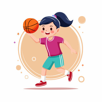 Cartoon Girl Playing Basketball