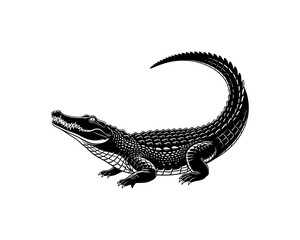 Fototapeta premium Black alligator with detailed scales and curved tail, reptile illustration