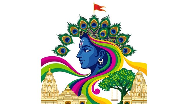 Radha krishna divine portrait blue skinned krishna with peacock feathers and temple illustration for hindu devotion