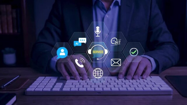 AI Customer Service and Virtual Assistant System. businessman accessing digital assistant email, voice, chat, and 24/7 contact options for automated real time support and global communication interfac