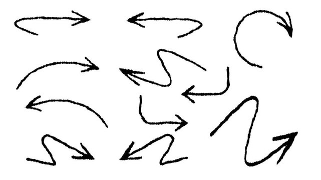 Scribble style hand drawn arrows animation with rough marker strokes, wiggly sketch arrows moving in loop, highlighter Arrows, chalk doodle Arrows animation in 4k.

