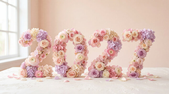 Pastel flowers forming 2027 with roses hydrangeas on soft interior background for wedding invitation spring celebration romance decor concept for floral shop bridal greeting banner layout