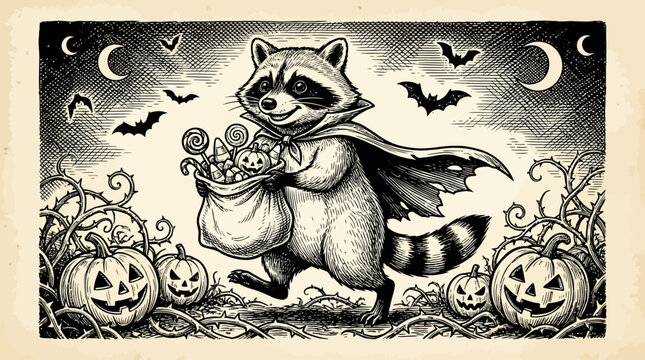 Raccoon in cape holding candy bag.